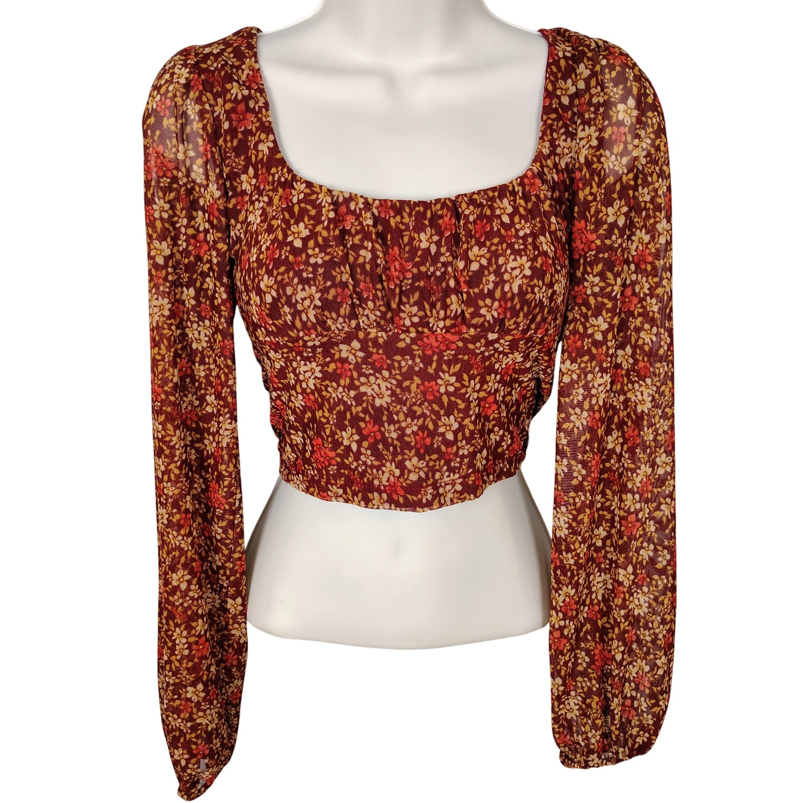 Altar'd State Floral Mesh Ruched Crop Top Burgundy Orange Small Boho Festival